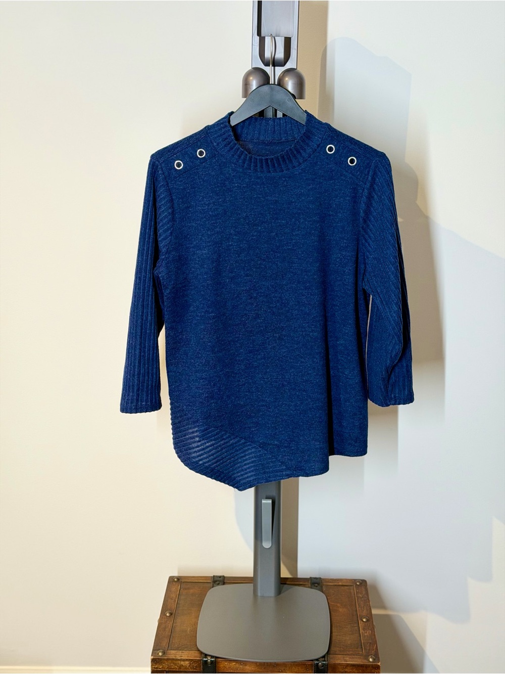 Navy Eyelet Shoulder Knit Top